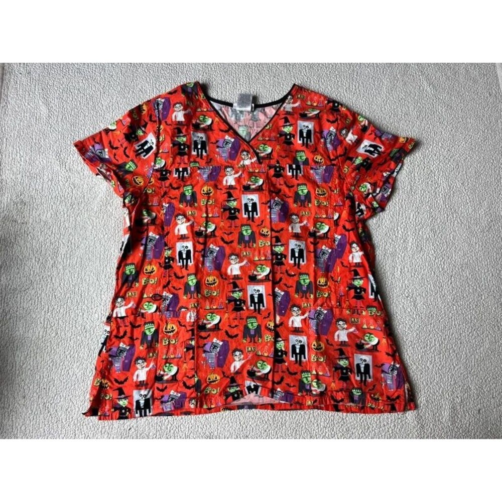 Vintage Scrub Star Orange Halloween Frankenstein Scrub Shirt Womens XL